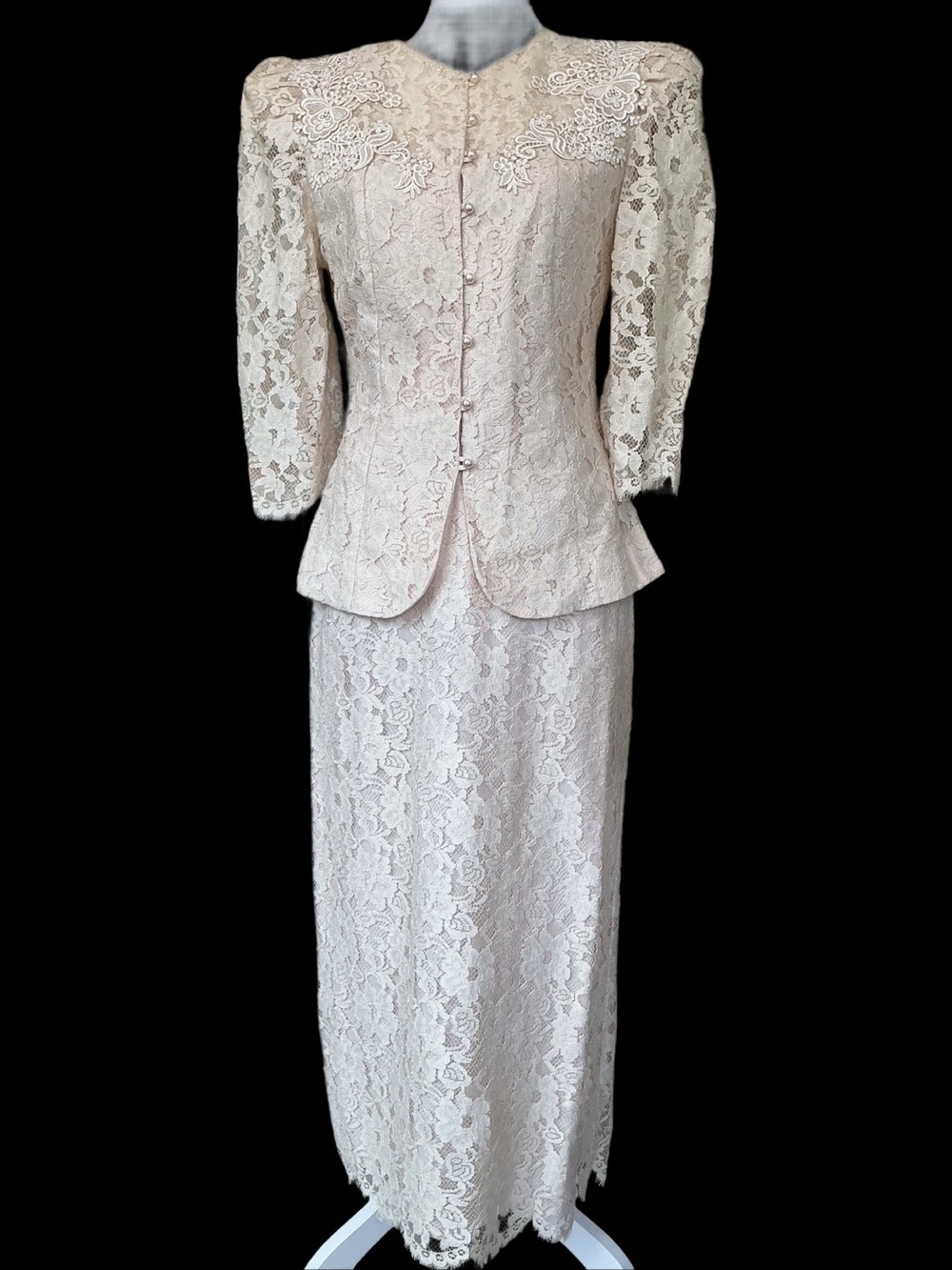 Vintage Cachet Blush Pink 2-Piece Lace Sequin Dress Suit 1980s